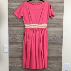 Vintage pink white short sleeve floral lace trim cottage core prairie midi dress